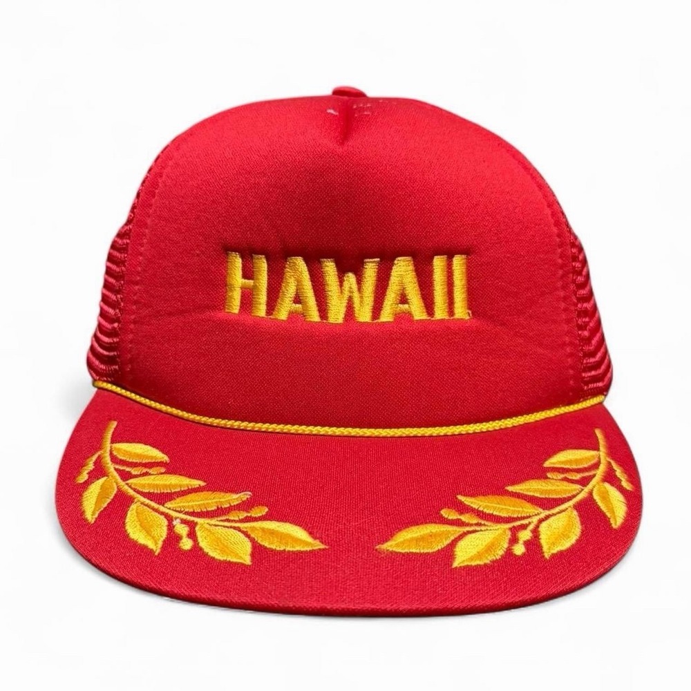 Vintage 90s Gold Leaf Embroider Hawaii Tourist Souvenir Mesh Trucker Hat